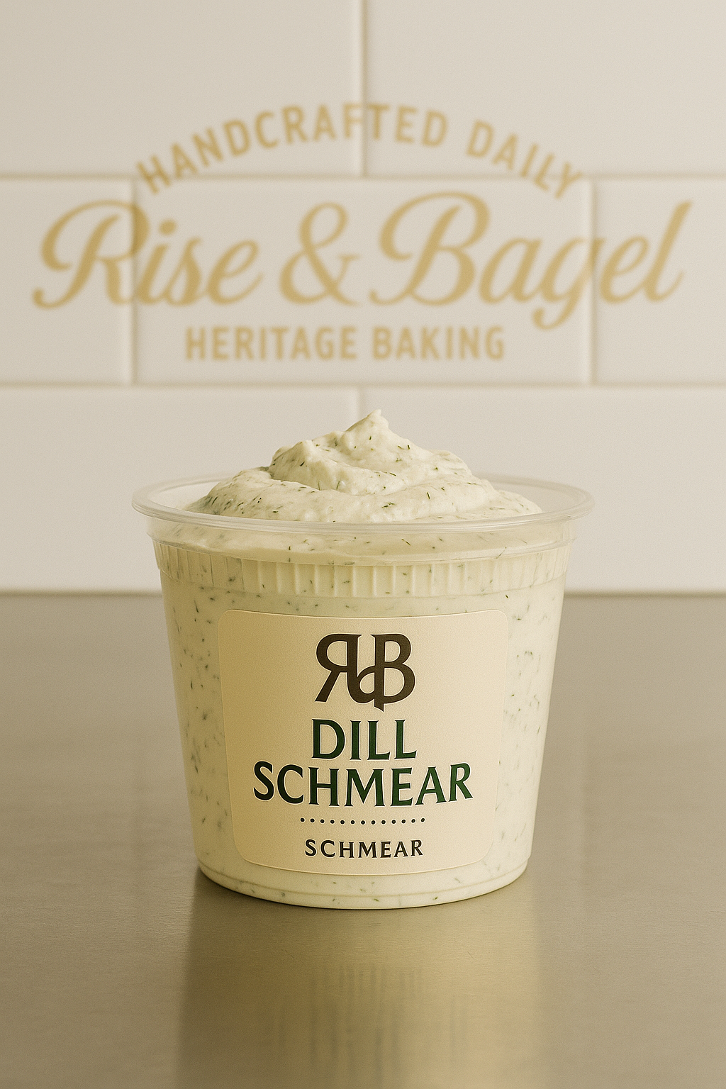 Dill-flavored cream cheese from Rise & Bagel, blended with herbs for a fresh savory spread.