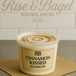 Cinnamon-swirled cream cheese from Rise & Bagel, lightly sweet with a handcrafted touch.