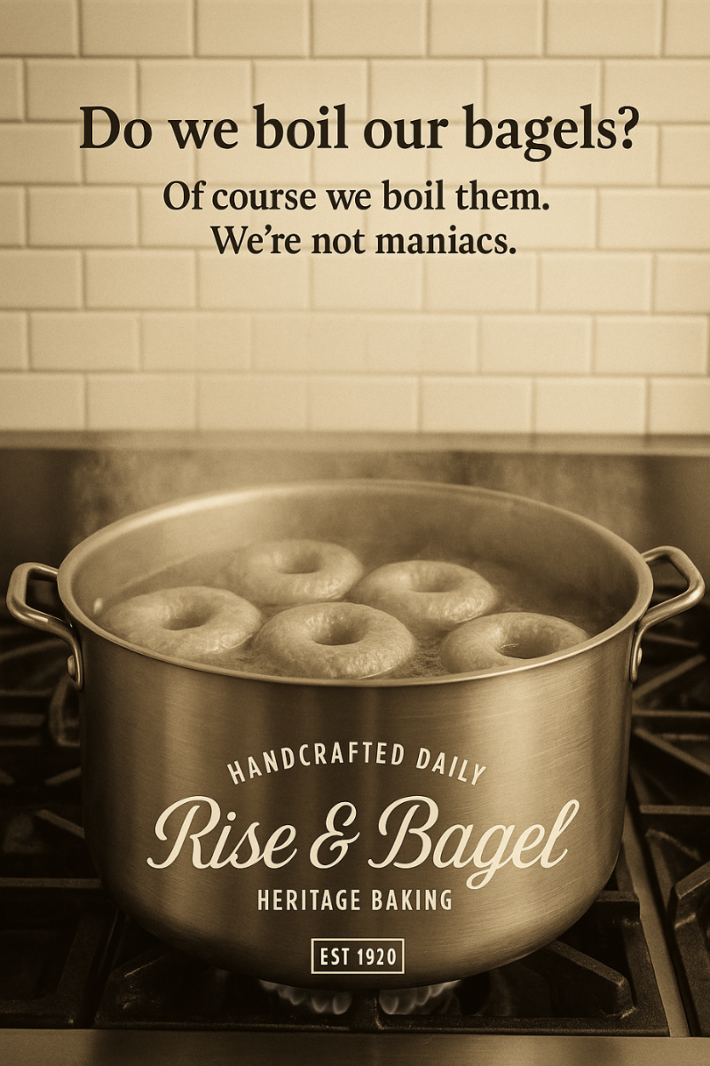 Rise & Bagel bagels being boiled before baking — the step that makes a bagel a bagel