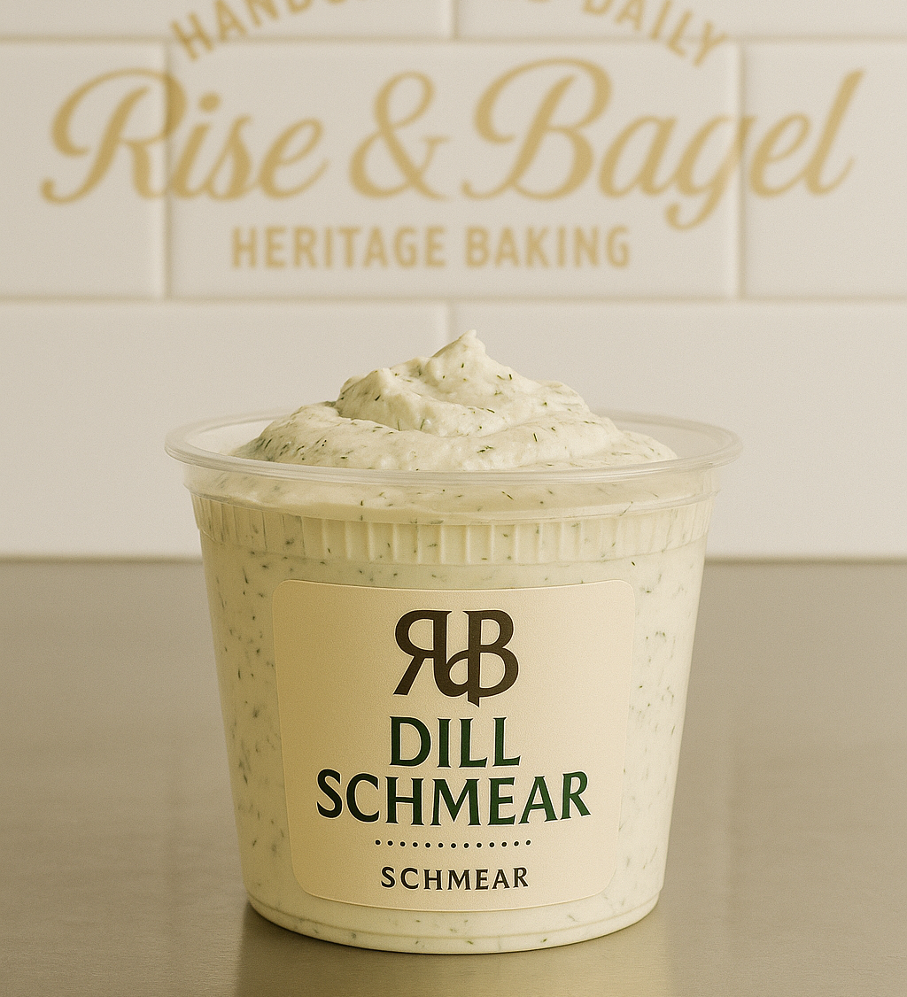 Dill-flavored cream cheese from Rise & Bagel, blended with herbs for a fresh savory spread.