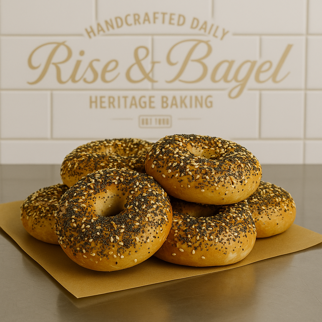 Everything bagels from Rise & Bagel — topped with seeds, garlic, onion, and spices, made fresh daily