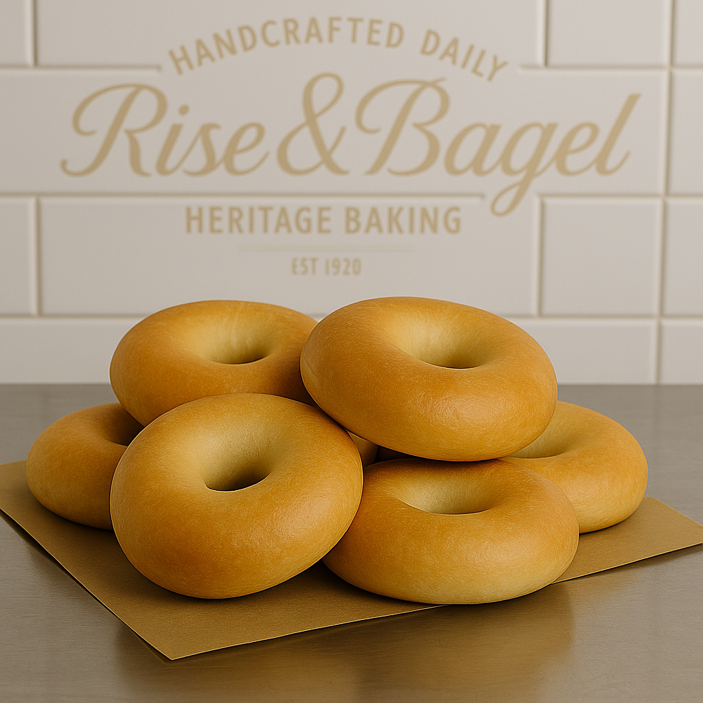 Plain bagels from Rise & Bagel — hand-rolled, boiled, and baked using Ontario ingredients