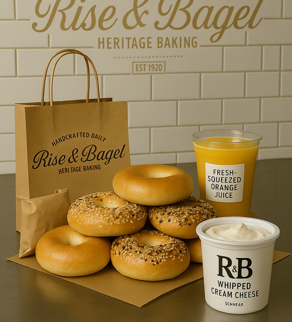 Starter Pack from Rise & Bagel — includes hand-rolled bagels, fresh-squeezed orange juice, and choice of cream cheese