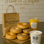 Starter Pack from Rise & Bagel — includes hand-rolled bagels, fresh-squeezed orange juice, and choice of cream cheese