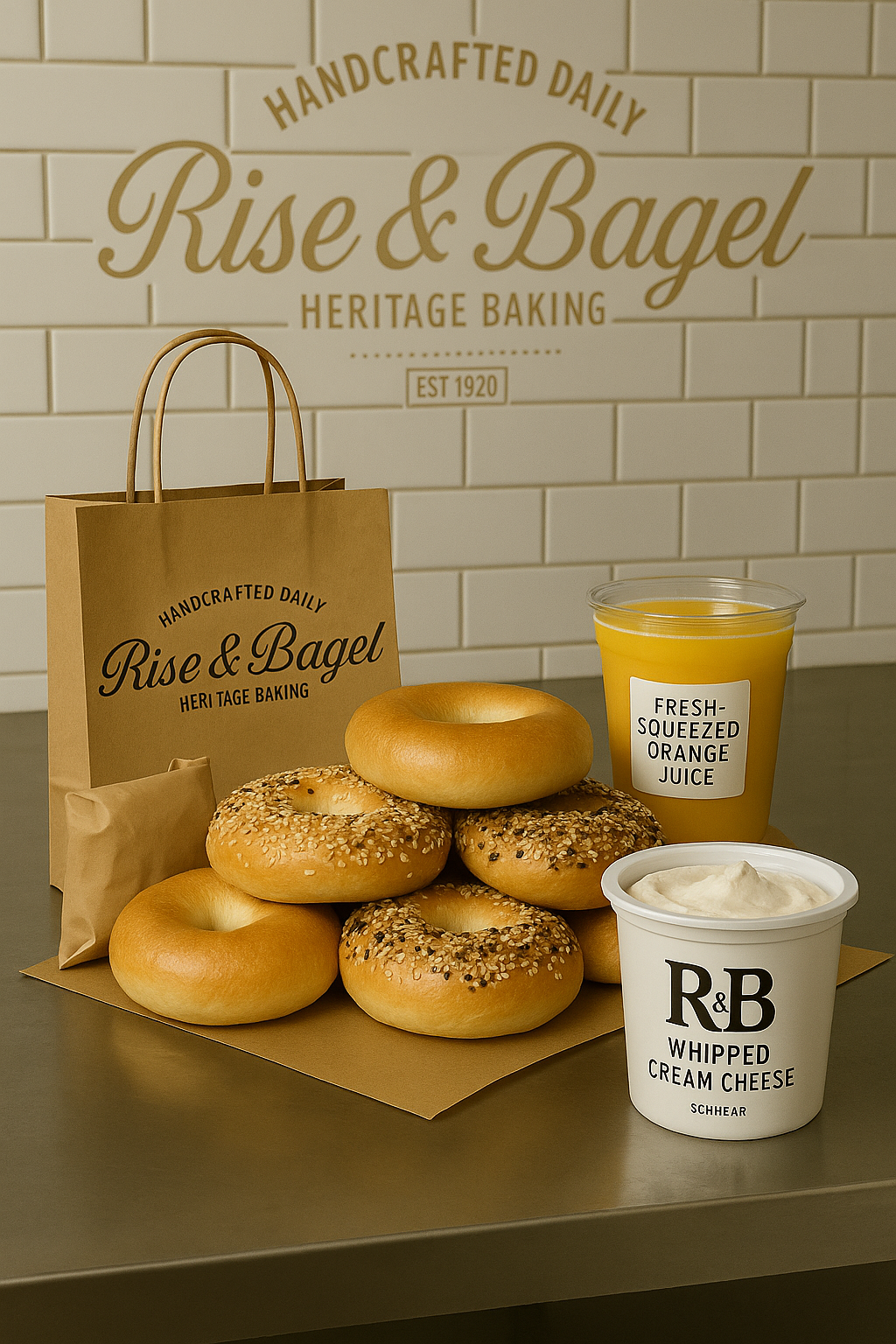 Starter Pack from Rise & Bagel — includes hand-rolled bagels, fresh-squeezed orange juice, and choice of cream cheese