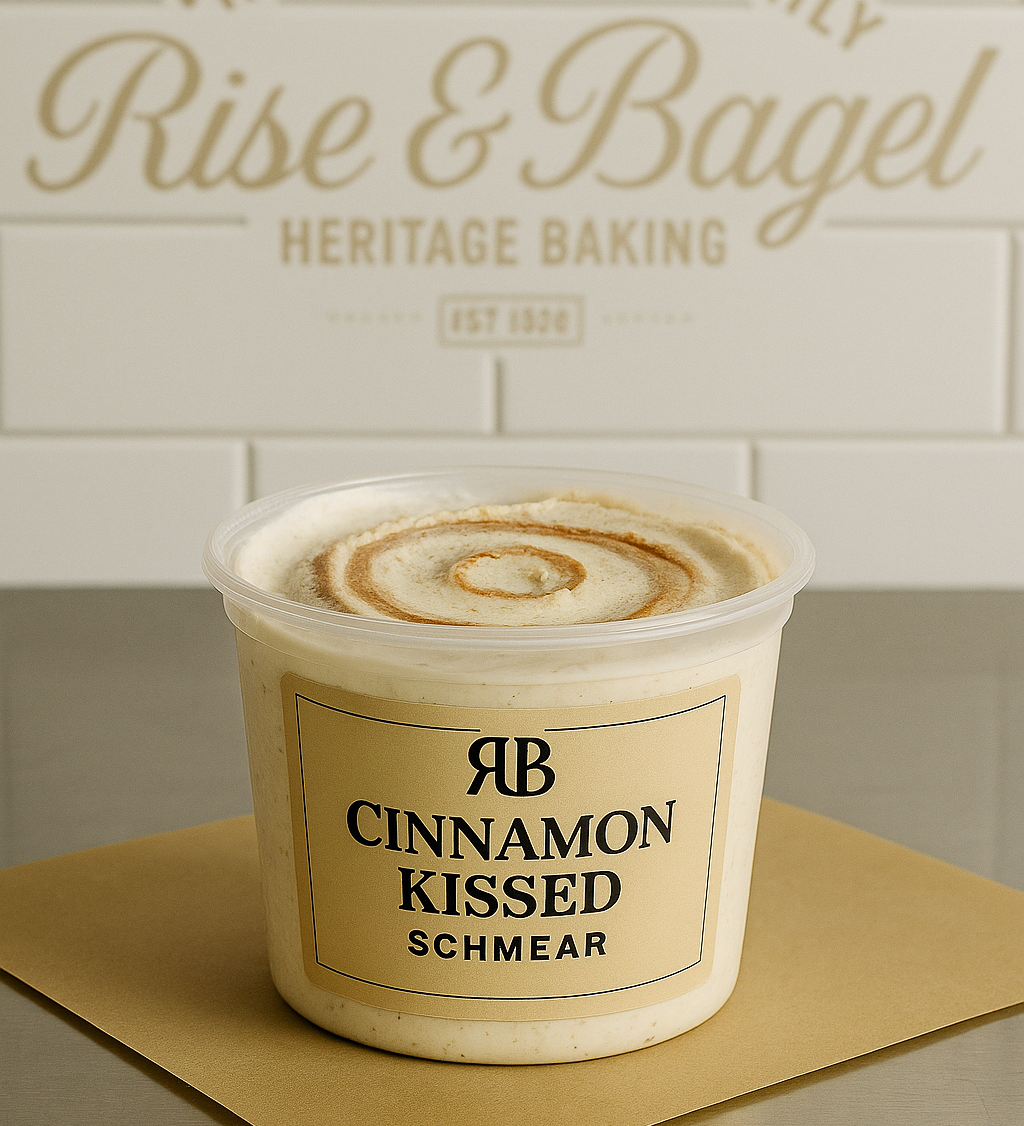Cinnamon-swirled cream cheese from Rise & Bagel, lightly sweet with a handcrafted touch.