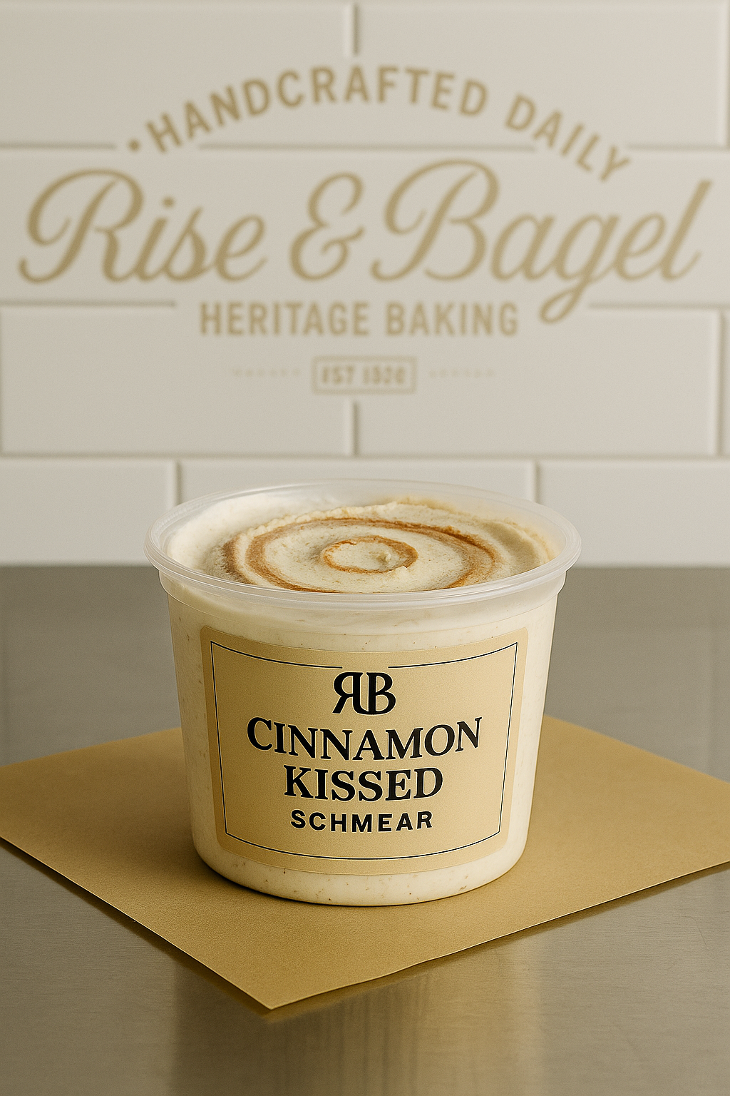 Cinnamon-swirled cream cheese from Rise & Bagel, lightly sweet with a handcrafted touch.