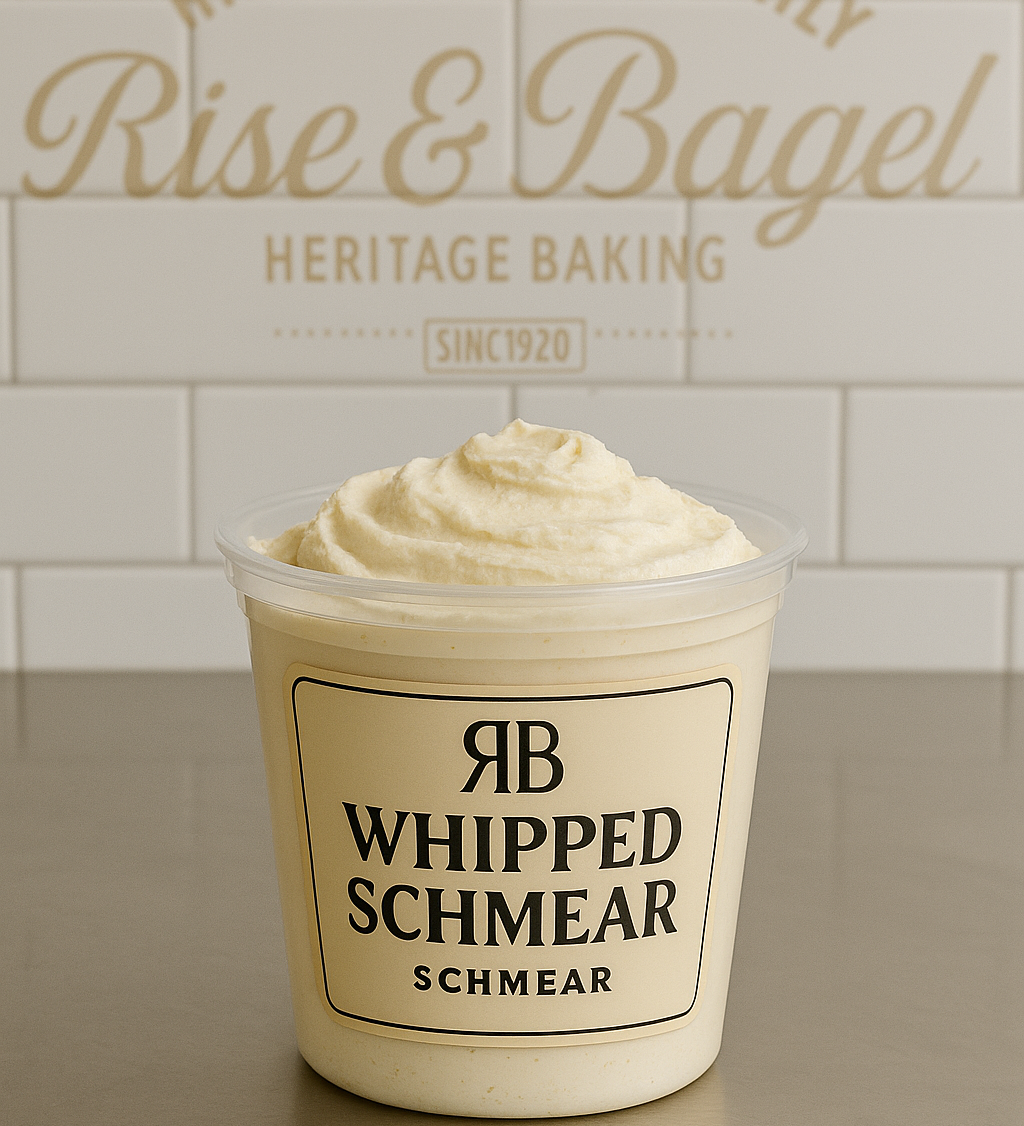 250g tub of whipped cream cheese from Rise & Bagel, smooth and small-batch made.